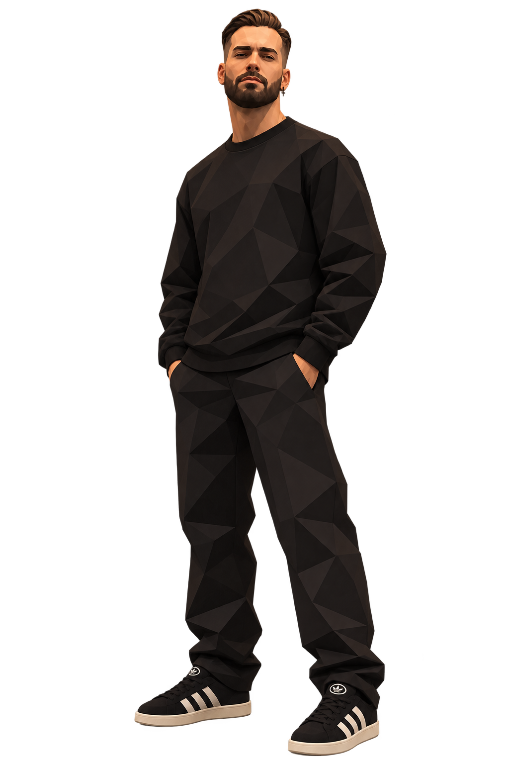 Illustrated full-body portrait of Ozan Can Çiçek in all black